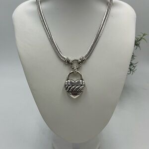 Brighton Silver Tone Ribbed Rope Puffy Heart Lock Snake Statement Necklace